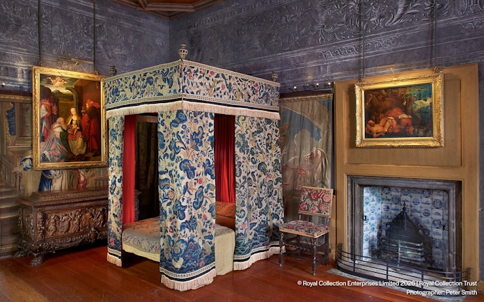 Canopy bed and ornate paintings in Queen Elizabeth II's private apartments, Palace of Holyroodhouse.