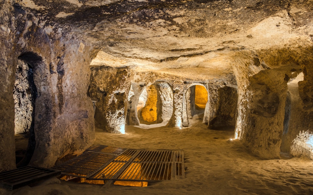 Kaymakli underground city tunnels and chambers in Cappadocia, Turkey.