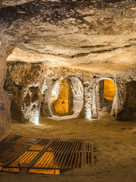 Kaymakli underground city tunnels and chambers in Cappadocia, Turkey.