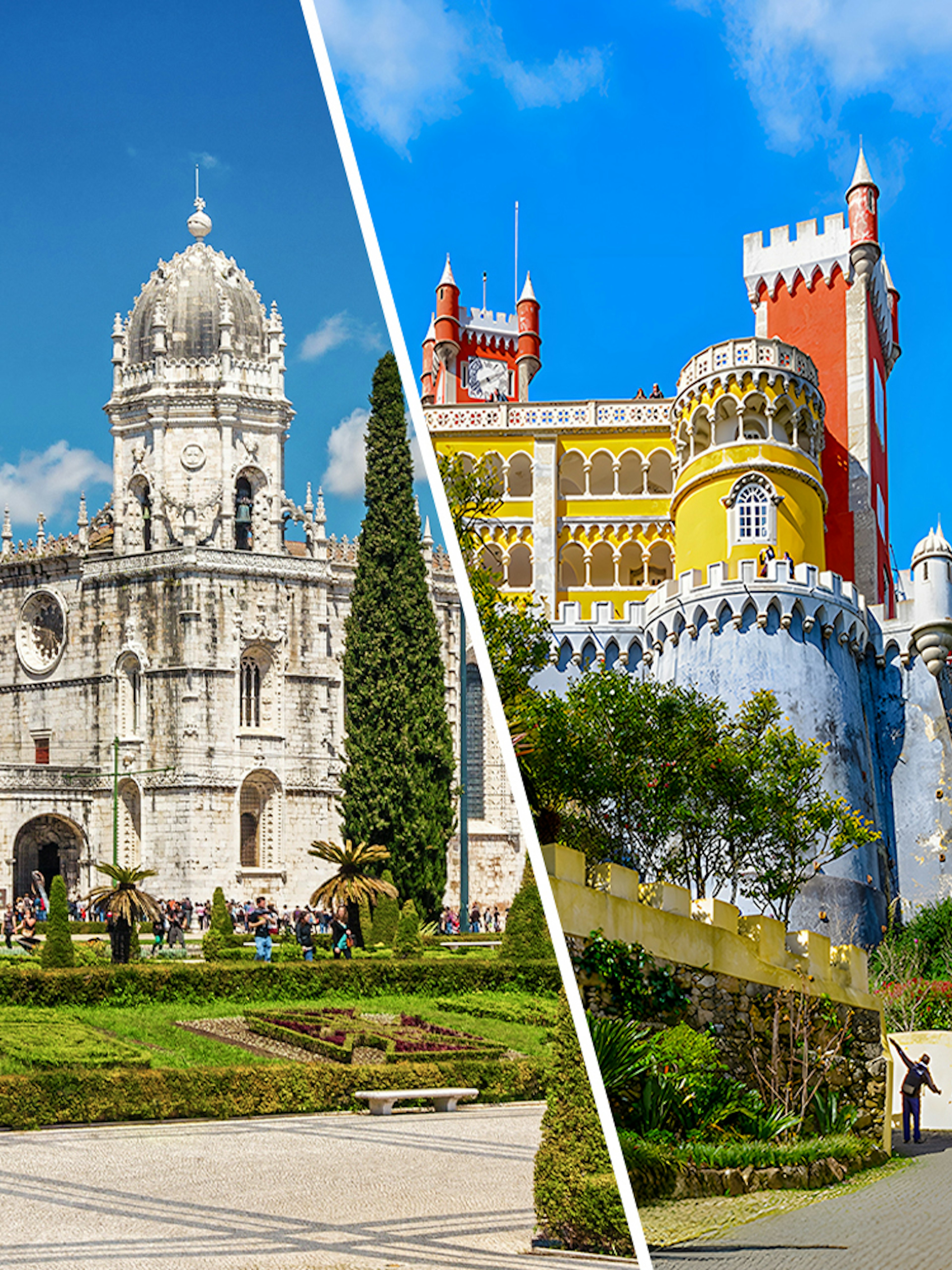Jerónimos Monastery and Pena Palace in Lisbon and Sintra, Portugal, showcasing historic architecture.