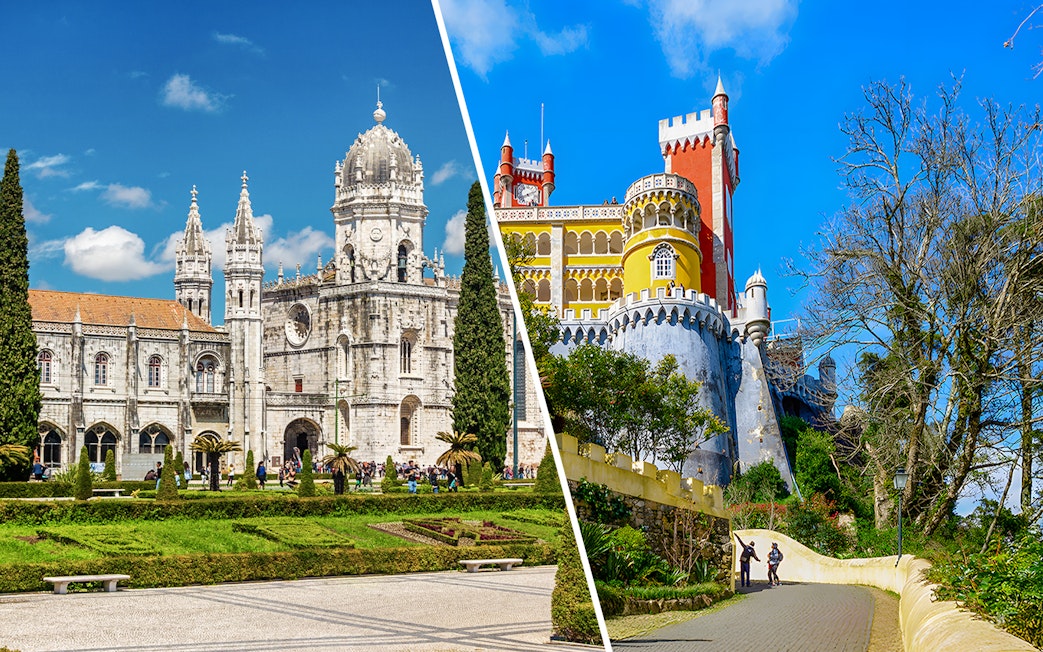 Jerónimos Monastery and Pena Palace in Lisbon and Sintra, Portugal, showcasing historic architecture.