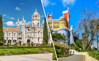 Jerónimos Monastery and Pena Palace in Lisbon and Sintra, Portugal, showcasing historic architecture.