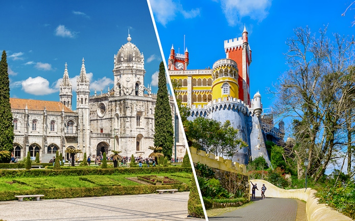 Jerónimos Monastery and Pena Palace in Lisbon and Sintra, Portugal, showcasing historic architecture.