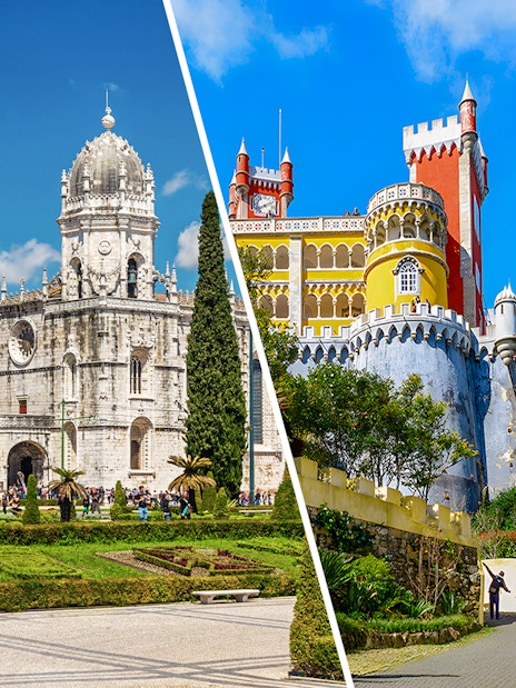 Jerónimos Monastery and Pena Palace in Lisbon and Sintra, Portugal, showcasing historic architecture.