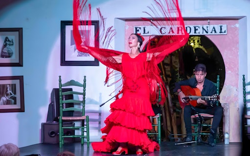Flamenco dancer performing at Tablao Cardenal with guitarist in the background.