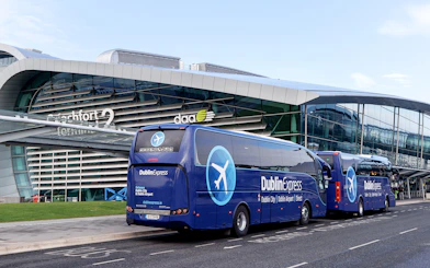 Dublin Express bus at Dublin Airport Terminal 2 for Belfast to Dublin Airport route.