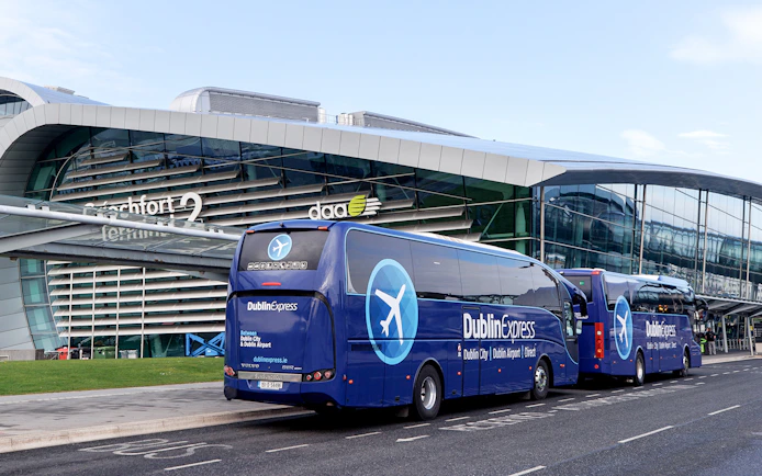 Dublin Express bus at Dublin Airport Terminal 2 for Belfast to Dublin Airport route.