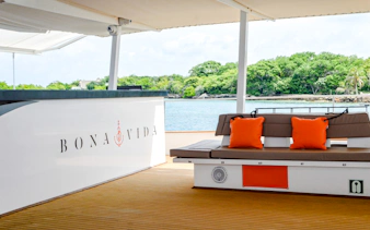 Catamaran deck with bar and seating, Cartagena sunset tour.