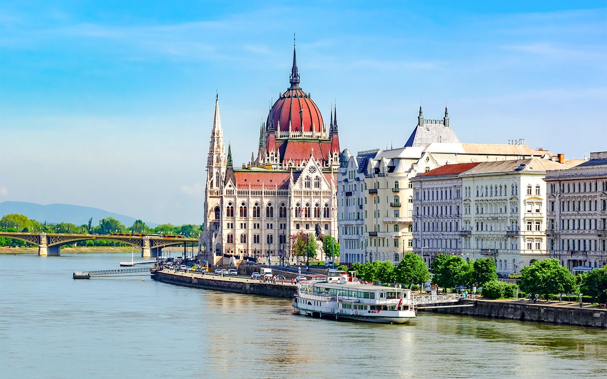 Hungarian Parliament Building along the Danube River in Budapest.