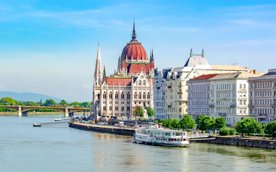 Hungarian Parliament Building along the Danube River in Budapest.