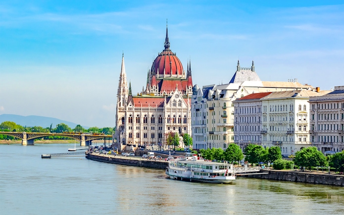 Hungarian Parliament Building along the Danube River in Budapest.