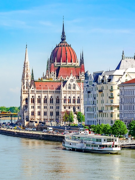Hungarian Parliament Building along the Danube River in Budapest.