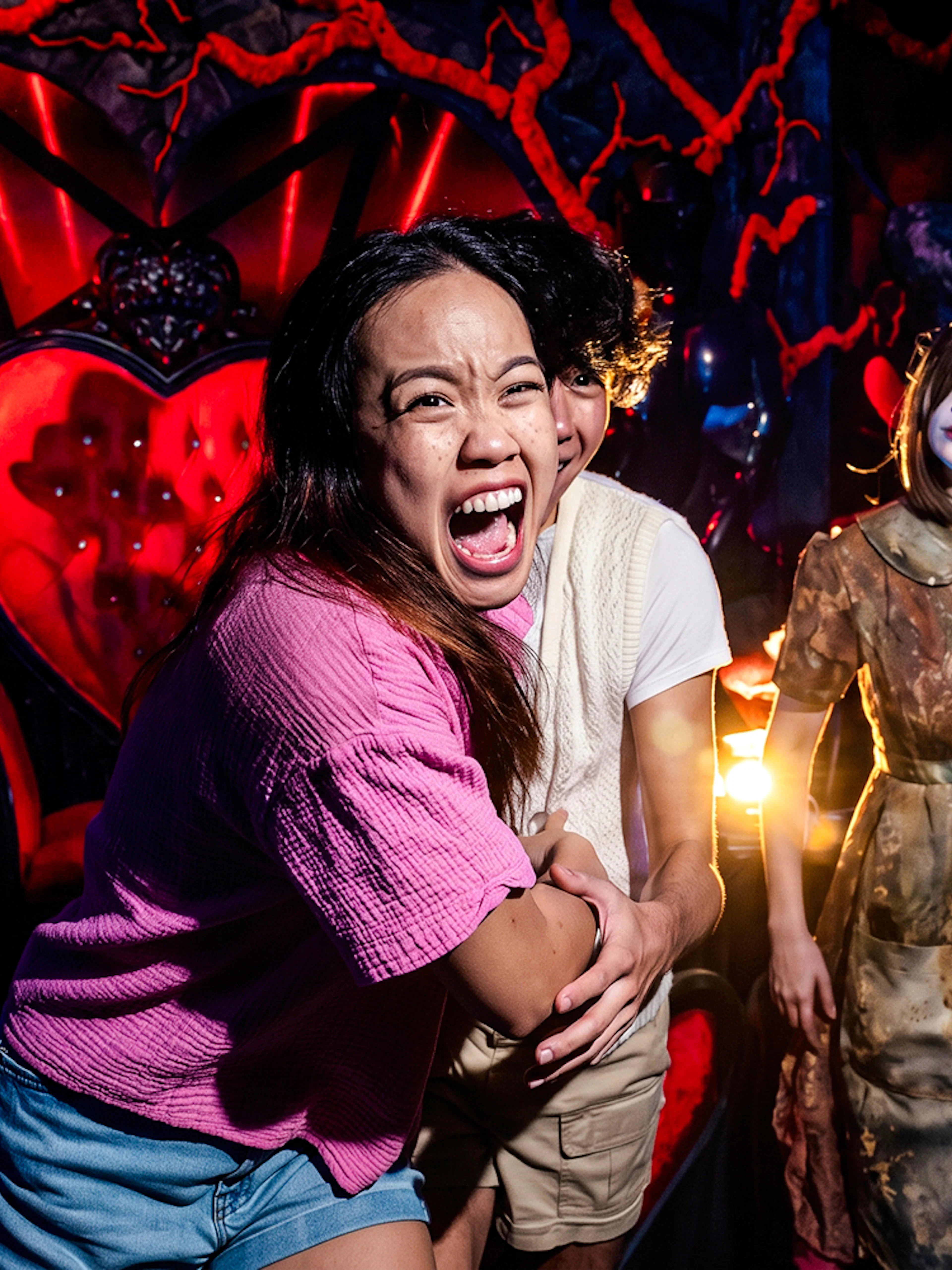 Visitors experiencing a haunted house attraction at Howl-O-Scream, Busch Gardens Tampa.
