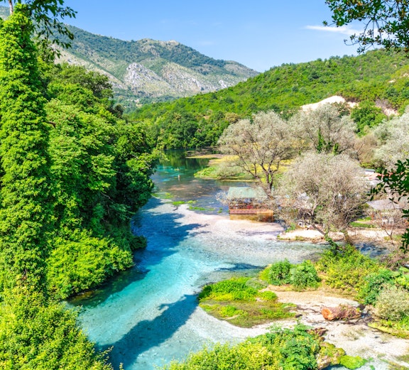 Blue Eye water spring in Albania with clear turquoise water and lush green surroundings.