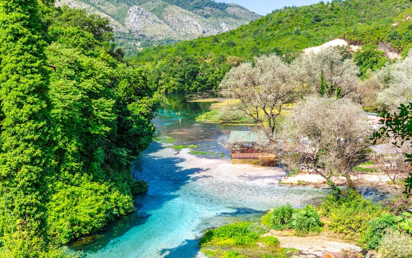 Blue Eye water spring in Albania with clear turquoise water and lush green surroundings.