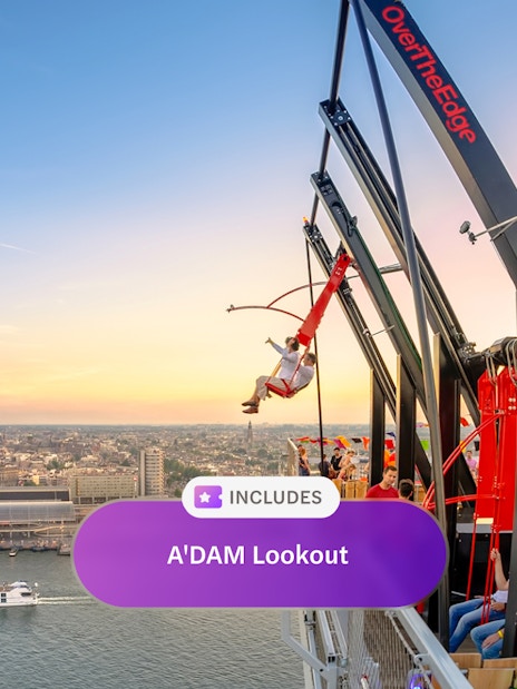 ADAM Lookout swing with Amsterdam cityscape at sunset.