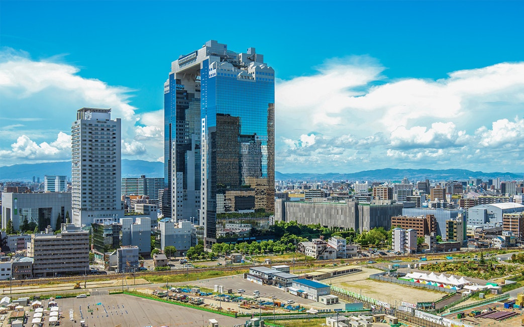Umeda Sky Building in Osaka skyline, view from Kansai Thru Pass tour.