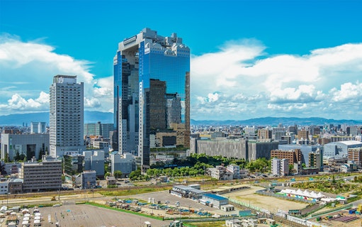 Umeda Sky Building in Osaka skyline, view from Kansai Thru Pass tour.