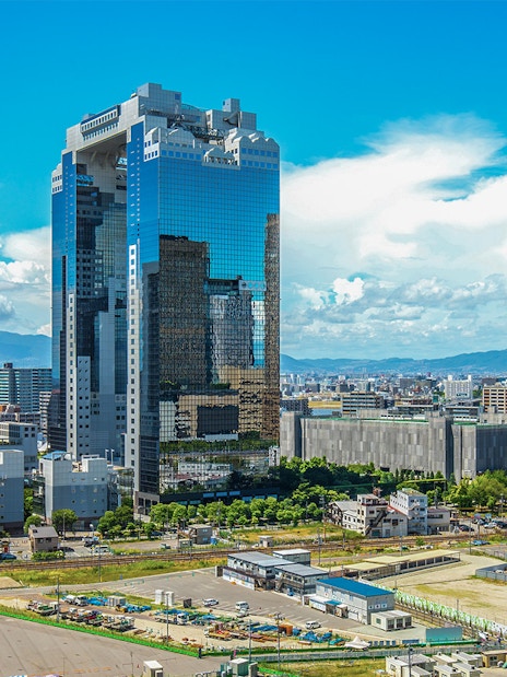 Umeda Sky Building in Osaka skyline, view from Kansai Thru Pass tour.
