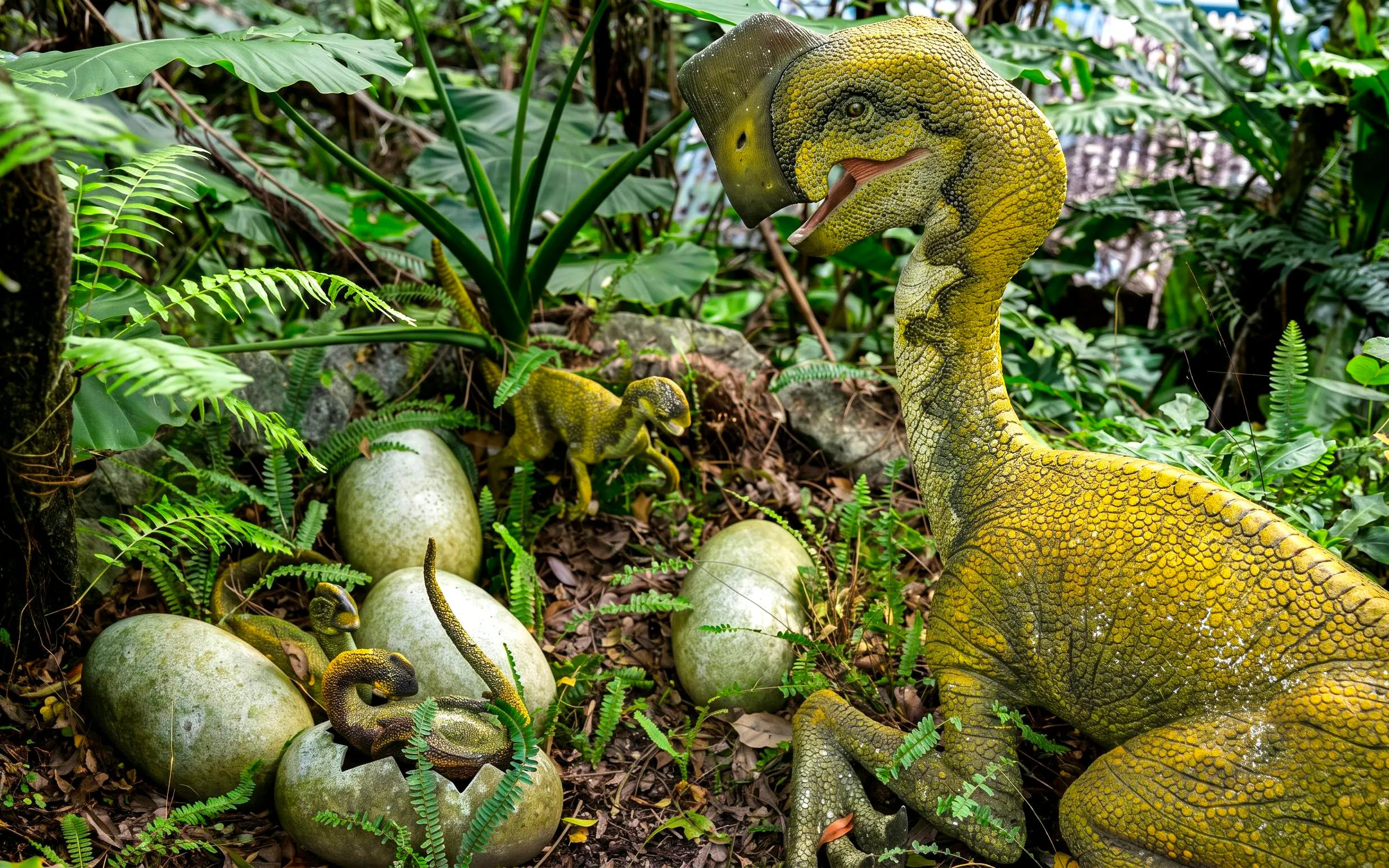 Dinosaurs and eggs in Okashigoten Nago Dino Park, Yanbaru Subtropical Forest.