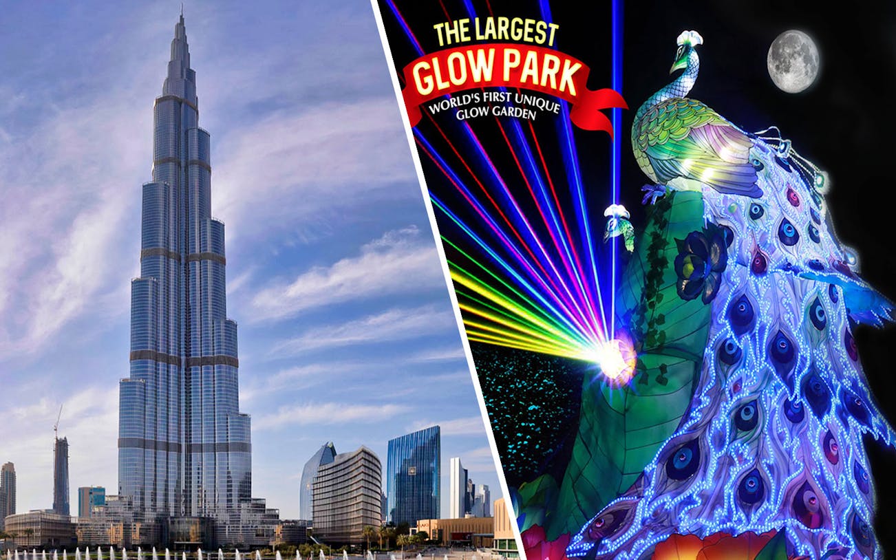 Burj Khalifa in Dubai with Garden Glow's illuminated peacock display.