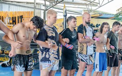 Group of beginners in a Muay Thai boxing class, Koh Samui gym.