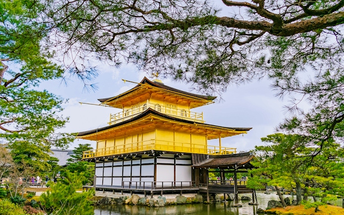 Kinkaku-ji, the Golden Pavilion, surrounded by trees and reflecting in a pond, Kyoto, Japan.