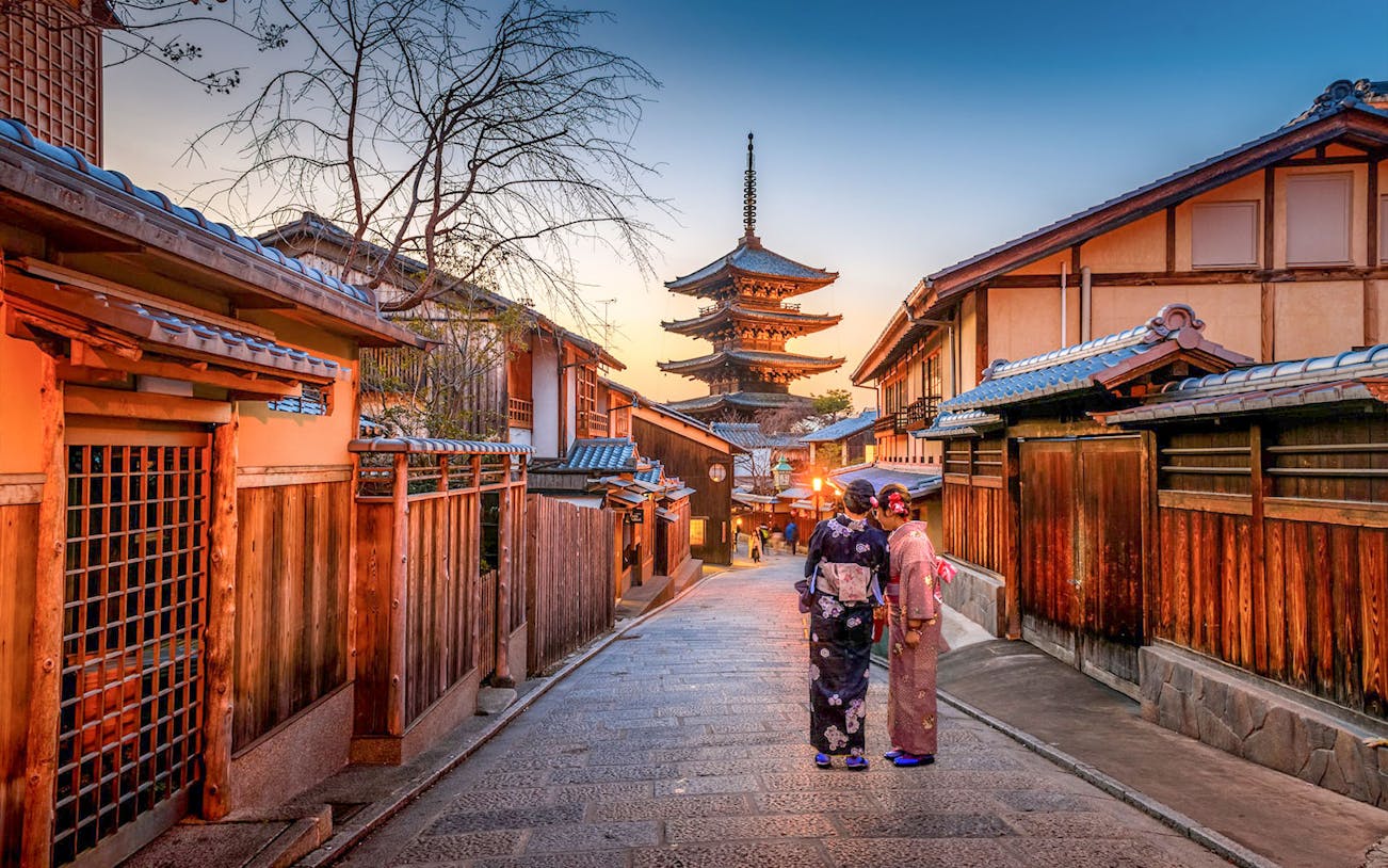 Gion street with Yasaka Pagoda at sunset, Kyoto, Japan, during a guided walking tour.