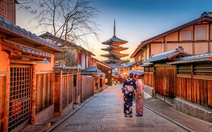 Gion street with Yasaka Pagoda at sunset, Kyoto, Japan, during a guided walking tour.