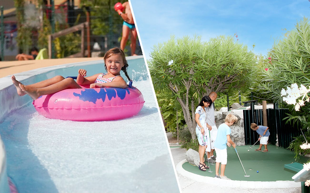 Child on pink float in lazy river at Aquasplash Waterpark; family playing mini-golf nearby.