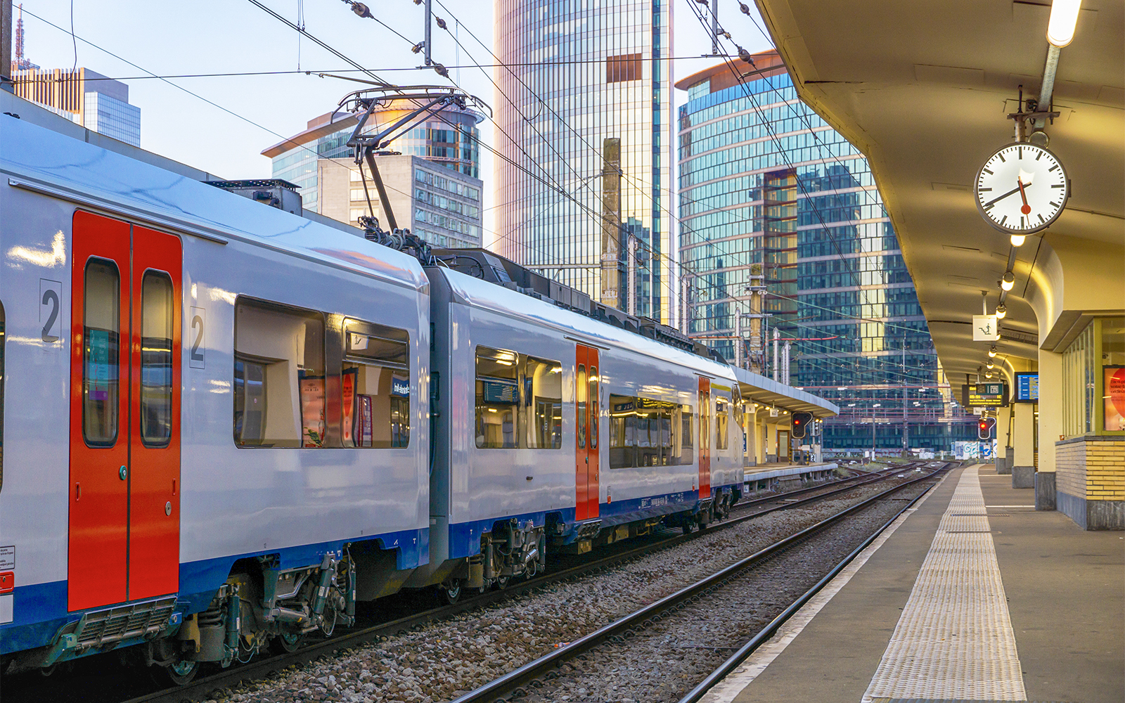 Train at Brussels Noord Railway Station platform, heading to Ghent, Belgium.