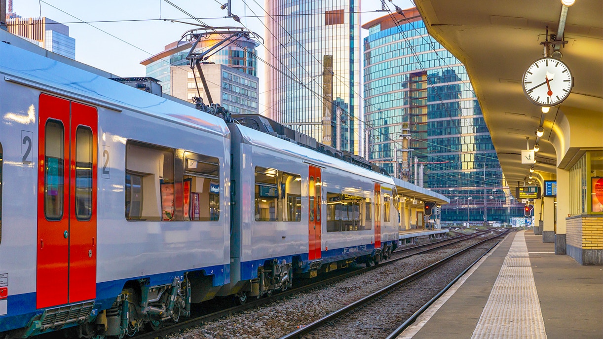 Train at Brussels Noord Railway Station platform, heading to Ghent, Belgium.