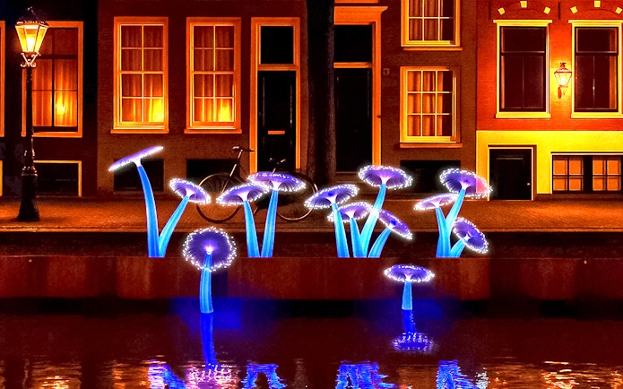 Illuminated art installation resembling mushrooms along Amsterdam canal during Light Festival cruise.