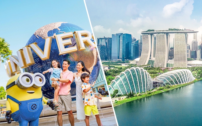 Family with Minion at Universal Studios Singapore and view of Marina Bay Sands SkyPark.