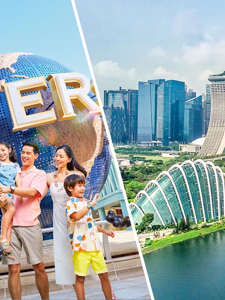 Family with Minion at Universal Studios Singapore and view of Marina Bay Sands SkyPark.