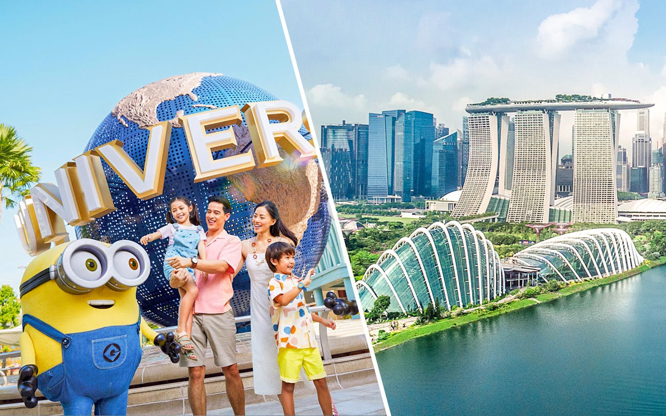 Family with Minion at Universal Studios Singapore and view of Marina Bay Sands SkyPark.