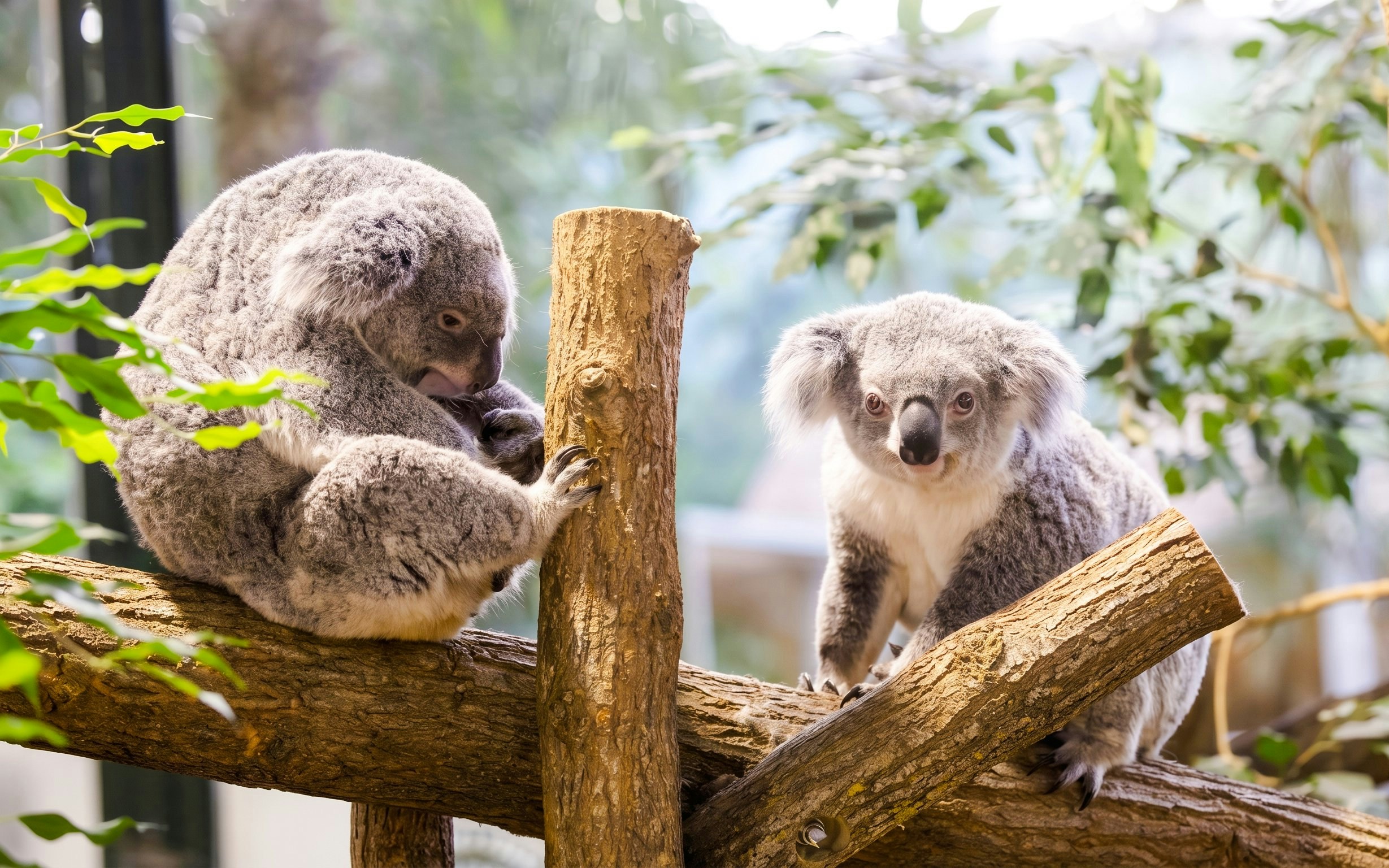 Koalas on branches at ZooParc de Beauval, France.