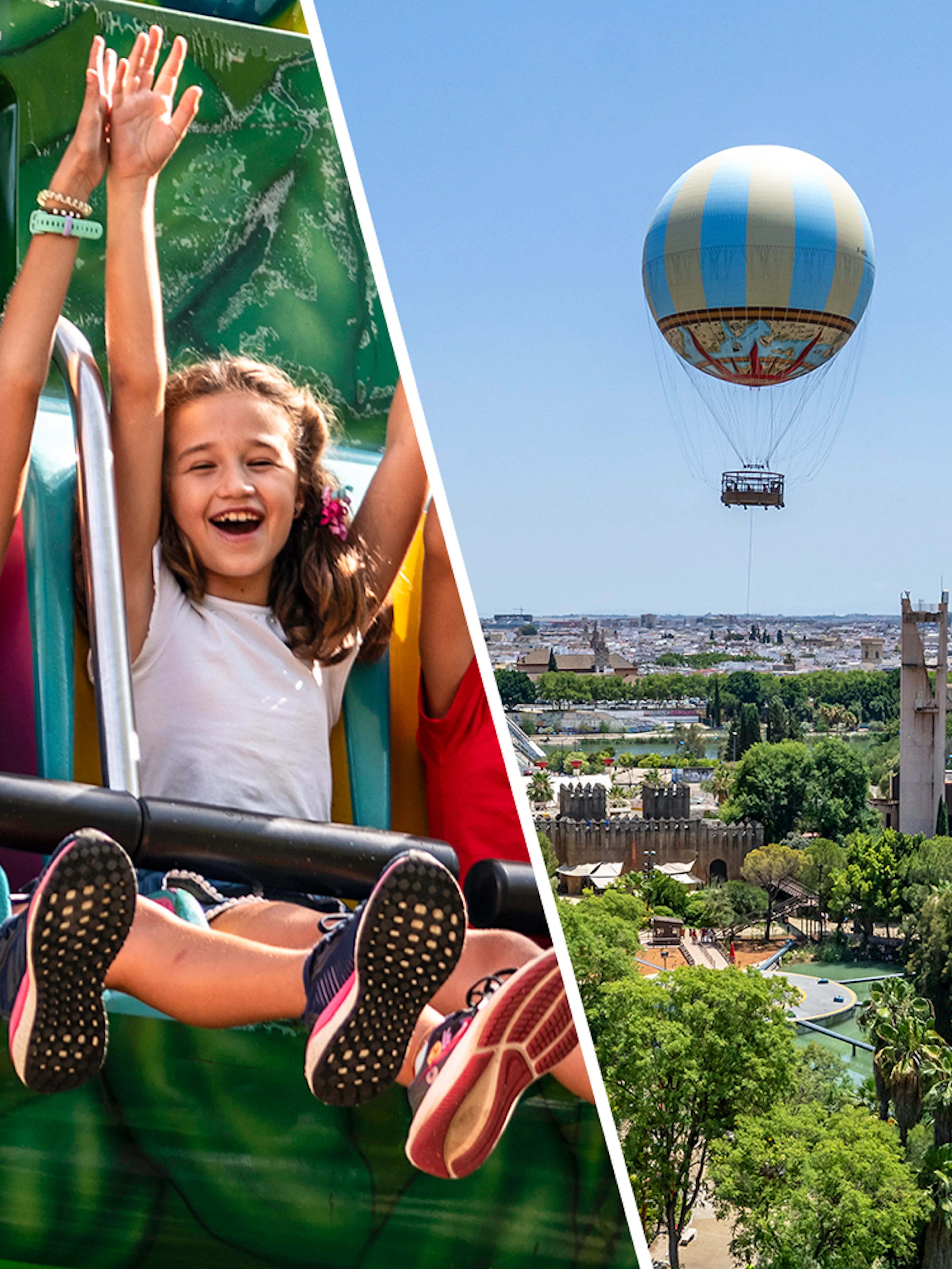 Hot air balloon over Seville and children on Isla Mágica ride.