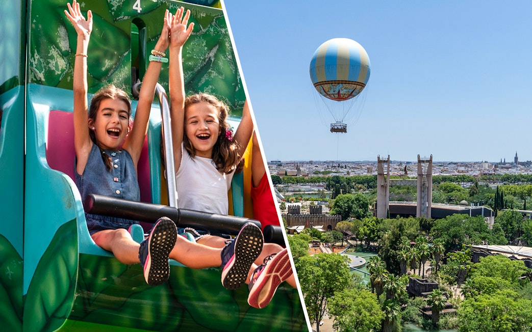 Hot air balloon over Seville and children on Isla Mágica ride.