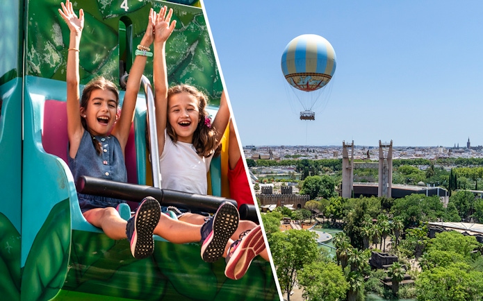 Hot air balloon over Seville and children on Isla Mágica ride.