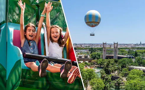 Hot air balloon over Seville and children on Isla Mágica ride.