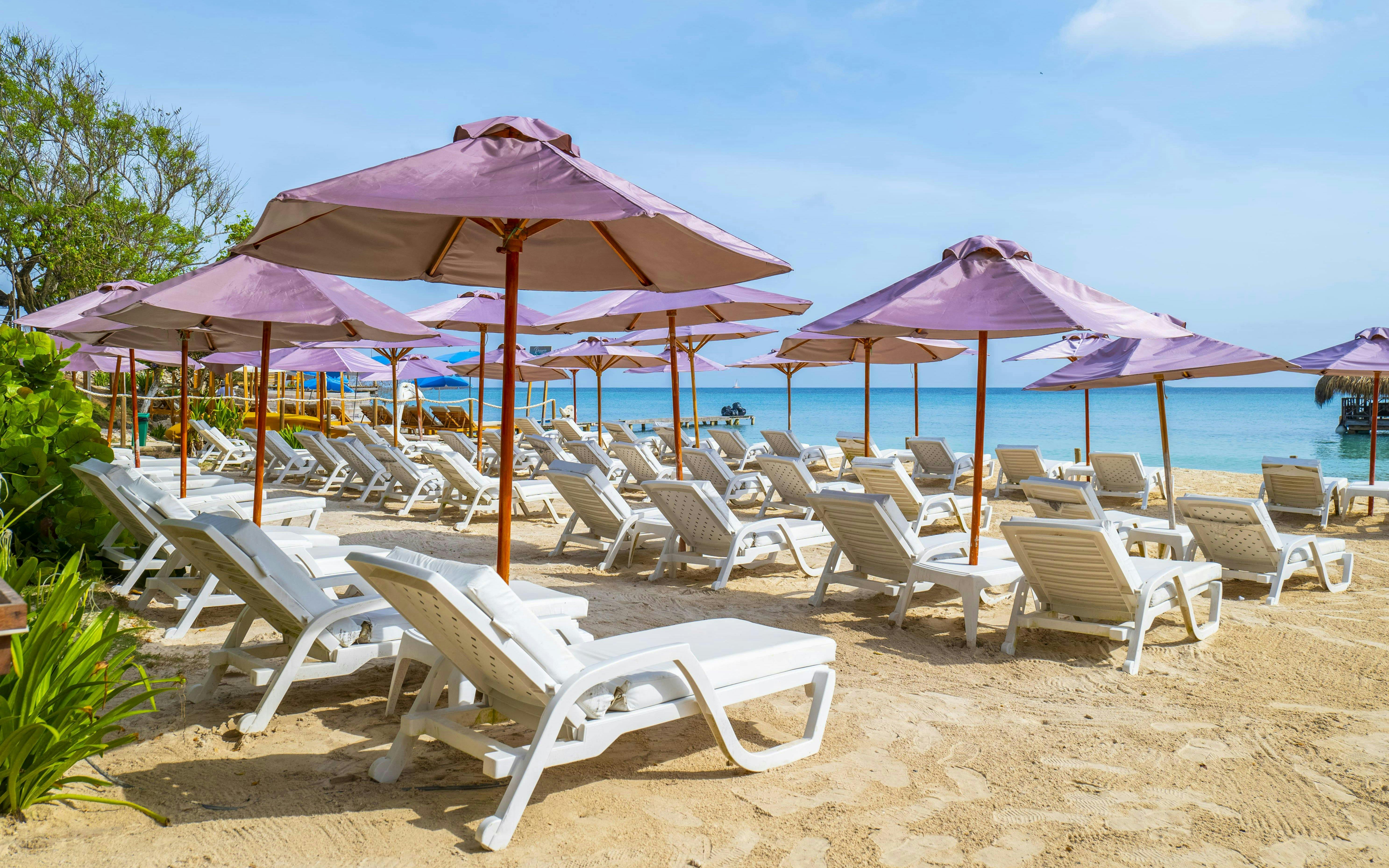 White lounge chairs under purple umbrellas on Rosario Islands beach.