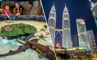 Petronas Twin Towers at night and visitors at Aquaria KLCC touch pool in Kuala Lumpur.
