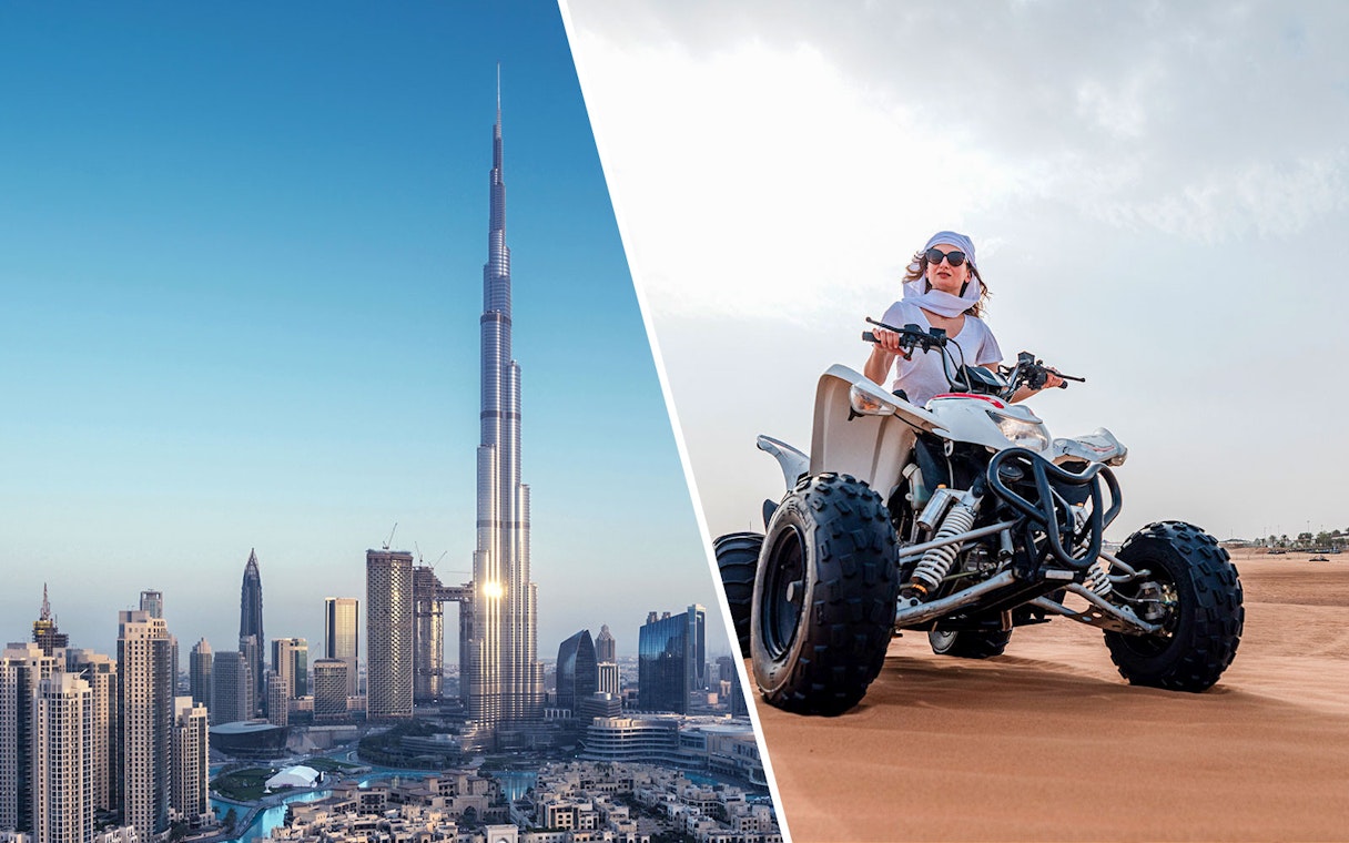 Burj Khalifa skyline and person riding ATV in Dubai desert.