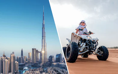 Burj Khalifa skyline and person riding ATV in Dubai desert.