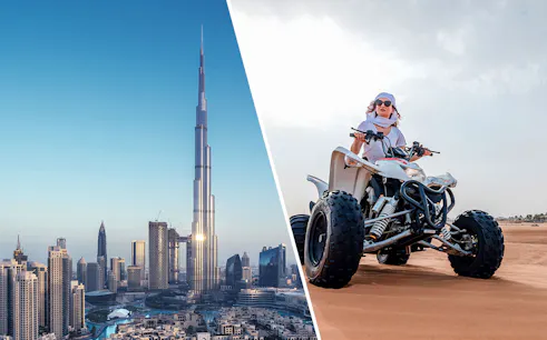 Burj Khalifa skyline and person riding ATV in Dubai desert.