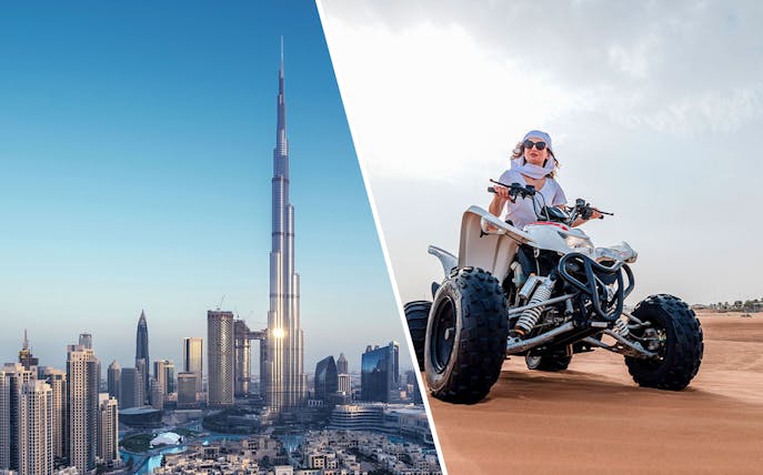 Burj Khalifa skyline and person riding ATV in Dubai desert.