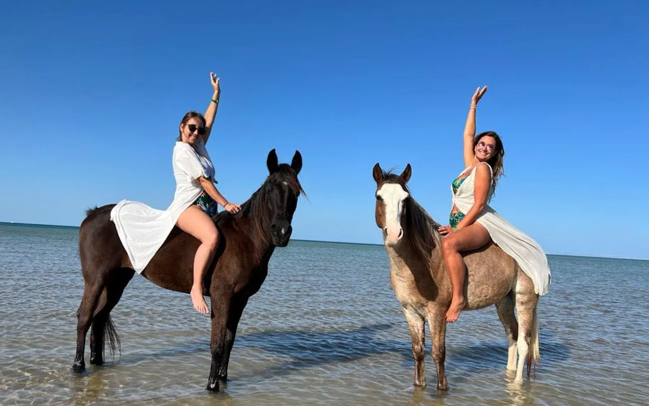 Horse riding in shallow waters at Nabq Bay with clear blue skies.