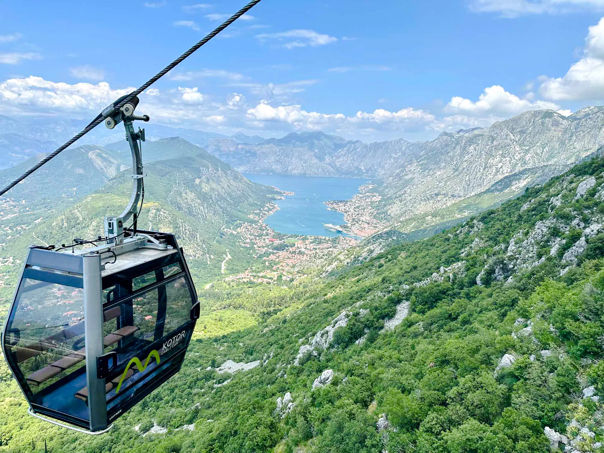 Kotor Cable Car overlooking Bay of Kotor with view of Perast and Our Lady of the Rocks.