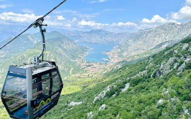 Kotor Cable Car overlooking Bay of Kotor with view of Perast and Our Lady of the Rocks.